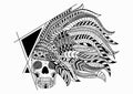 Line art hand drawing black skull of Red Indian isolated on white background. Doodle style. Tatoo. Zenart. Zentangle