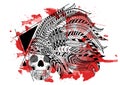 Line art hand drawing black skull of Red Indian isolated on white background with red watercolor blots. Doodle style Royalty Free Stock Photo