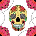 Line art hand drawing black skull on white background painted multicolored with a black outline. Doodle style