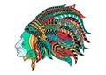 Line art hand drawing Red Indian isolated on white background painted multicolored with a black outline. Doodle style