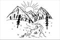 Line art hand drawn contour mountain landscape scenery isolated on white background. Art illustration, stylish in black Royalty Free Stock Photo