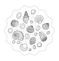 Line art hand drawn set of shells cartoon doodle objects, round composition.