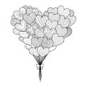 Line art of hearted shape balloons for design element and coloring book page with Valentines or wedding theme. Vector illustration Royalty Free Stock Photo