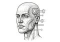 Line art of a human head with a focus on cybernetic and mechanical Royalty Free Stock Photo