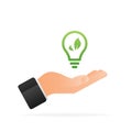 Line art icon with green ecology lamp in hand on light background. Innovation technology