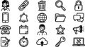 Line art icon set customer support and communication icons arranged grid including headset phone bell globe lock folder stopwatch Royalty Free Stock Photo