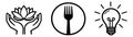 Line art icon set featuring hands holding a lotus, a fork, and a lightbulb for web and app design Royalty Free Stock Photo