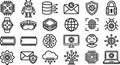 Line art icon set of microchips ai and cybersecurity symbols arranged grid flat design tech icons for interfaces and documentation Royalty Free Stock Photo
