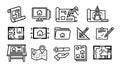 Line art icon set showing floor plans, drafting tools, map pin and hand holding scroll in blueprint workspace minimal style Royalty Free Stock Photo