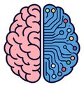 Line art illustration of a brain depicting the integration of human and artificial intelligence for technology and science Royalty Free Stock Photo