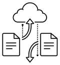 Line art illustration of cloud and files depicting data transfer, upload, and download for cloud storage and computing Royalty Free Stock Photo