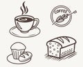 Line art illustration of coffee cup, coffee logo, muffin, bread loaf on a white background surface Royalty Free Stock Photo
