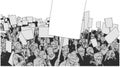 Line art illustration of crowd protest with blank signs and banners