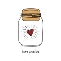 Line art illustration of hand drawn heart in mason jar. Lettering text love potion.