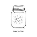 Line art illustration of hand drawn heart in mason jar. Lettering text love potion.