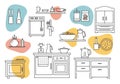 Line art illustration of kitchen elements on a white background. The Royalty Free Stock Photo