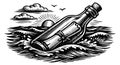 Line art illustration of a message in a bottle depicting it floating on the ocean for communication and discovery Royalty Free Stock Photo