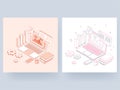 Line art illustration of Online info graphic presentation in laptop with multiple screen, smartphone, cogwheel and bar graph in