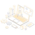 Line art illustration of Online rocket launching from laptop connected with smartphone and infographic elements on workplace or Royalty Free Stock Photo