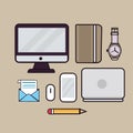 Line art illustration outline icon of laptop screen monitor book watches pencil email Royalty Free Stock Photo