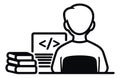 Line art illustration of a programmer depicting working on a laptop with code for software development Royalty Free Stock Photo