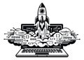 Line art illustration of a rocket launching from a laptop depicting software development for technology and innovation concepts Royalty Free Stock Photo