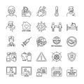 Vector art of line art illustration depicting various preventative measures and symptoms related to a viral outbreak or pandemic Royalty Free Stock Photo