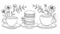 Line art illustration of two teacups and a stack of macarons, fl Royalty Free Stock Photo