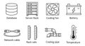 Line art IT infrastructure icons set featuring database, server rack, cooling fan, and network equipment for IT Royalty Free Stock Photo