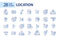 28 line art location icons. Map pointers, navigation and sharing position. Pixel perfect, editable stroke Royalty Free Stock Photo