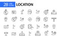 28 line art location icons. Map pointers, navigation and sharing position. Pixel perfect, editable stroke line Royalty Free Stock Photo