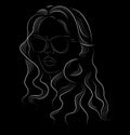 Line art of a long haired woman with sunglasses and a serious facial expression