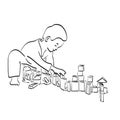 Line art male child playing building blocks toys illustration vector hand drawn isolated on white background