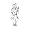 Line art man carrying his girlfriend on back with piiggyback ride illustration vector hand drawn isolated on white background Royalty Free Stock Photo