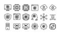 Line art minimalist icon set showing atom technology symbols on monitors and chips, network nodes, shield, landscape composition Royalty Free Stock Photo