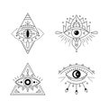 Line art mystic eye tattoo set. Providence sight. Geometric mystical evil symbol, all seeing eye