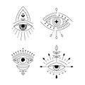 Line art mystic eye tattoo set. Providence sight. Geometric mystical evil symbol, all seeing eye