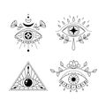 Line art mystic eye tattoo set. Providence sight. Geometric mystical evil symbol, all seeing eye