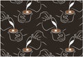 Line art pattern of barista making a coffee with milk on brown background. Chalk drawing hands, cup of coffee