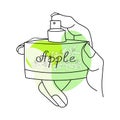 Line art perfume with green abstract shapes, flowers inside the bottle and named Apple. Vector illustration.