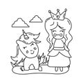 Line art princess and unicorn coloring book design Royalty Free Stock Photo