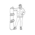 Line art professional snowboarder stands with his snowboard illustration vector hand drawn isolated on white background Royalty Free Stock Photo