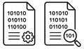 Line art programming icons set featuring data files with binary code, a gear, and a magnifying glass for software development Royalty Free Stock Photo