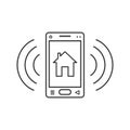 Line art ringing smartphone icon with house sign and signal waves