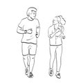 Line art running couple jogging training illustration vector hand drawn isolated on white background Royalty Free Stock Photo