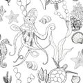 Line art seamless pattern with octopus and underwater plants and animals. Hand painted seahorse, turtle and starfish