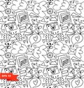 Line art seamless pattern. Vector doodle background with letters, hearts and other cute details Royalty Free Stock Photo