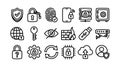 Line art security icon set close up row of twenty cybersecurity glyphs padlock fingerprint shield cloud upload minimal vector Royalty Free Stock Photo