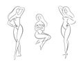 Line art, set of fashion sketches with women in swimsuits. Elegant model poses, beautiful nude girls posing sexy. Royalty Free Stock Photo