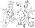 Line art set with octopus and underwater animals. Hand painted seahorse, turtle, starfish and shell isolated on white